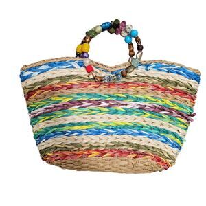 Boho Multicolored Straw‎  Beach Handbag With Beaded Handles